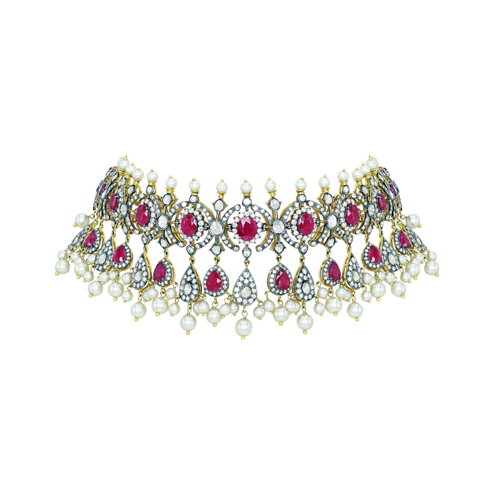 Antique-Finish Choker with Ruby, Diamonds, Polki Clusters, and Pearl Drops
